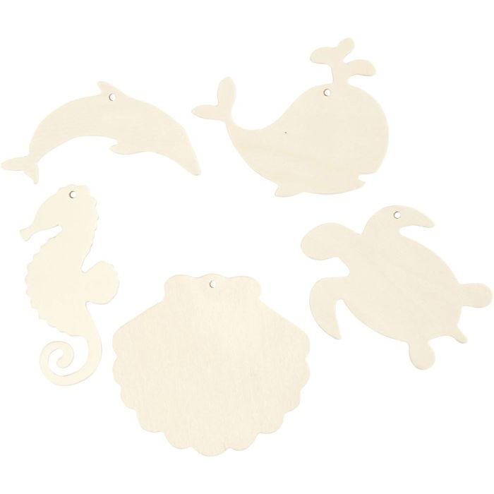 Créatures marines à suspendre, Hippocampe, tortue, dauphin, coquille st Jacques et baleine, H : 5-10 cm, L : 5-10 cm, diamètre intérieur 3 mm, ép. 2 mm, 5 pièces/ 1 Pq.