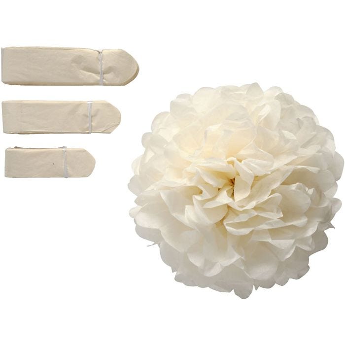 Pompons en papier, d 20+24+30 cm, 16 gr, blanc cassé, 3 pièces/ 1 Pq.