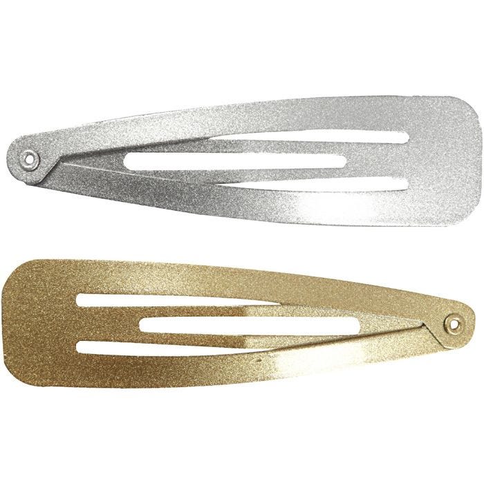 Barettes pour cheveux, L : 66 mm, L : 17 mm, or, argent, 4 pièces/ 1 Pq.