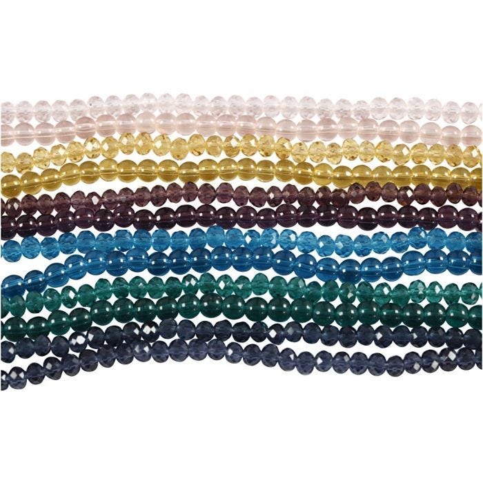 Perles de verre et perles à facettes, d 4 mm, diamètre intérieur 1 mm, 12x45 pièces/ 1 Pq.
