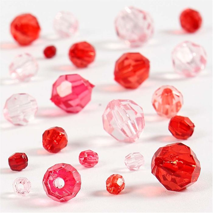 Perles à facettes, dim. 4-12 mm, diamètre intérieur 1-2,5 mm, ca. 170 pièce, harmonie de rouges, 45 gr/ 1 Pq.