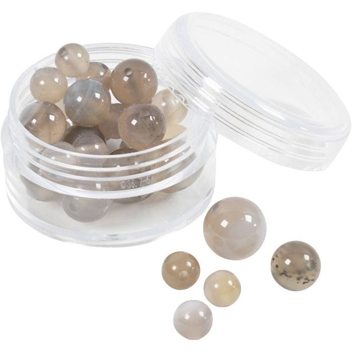 Perles de pierres d'agate, dim. 1x10, 12x8, 15x6 mm, diamètre intérieur 0,9-1 mm, gris transparent, 28 pièces/ 1 Pq.