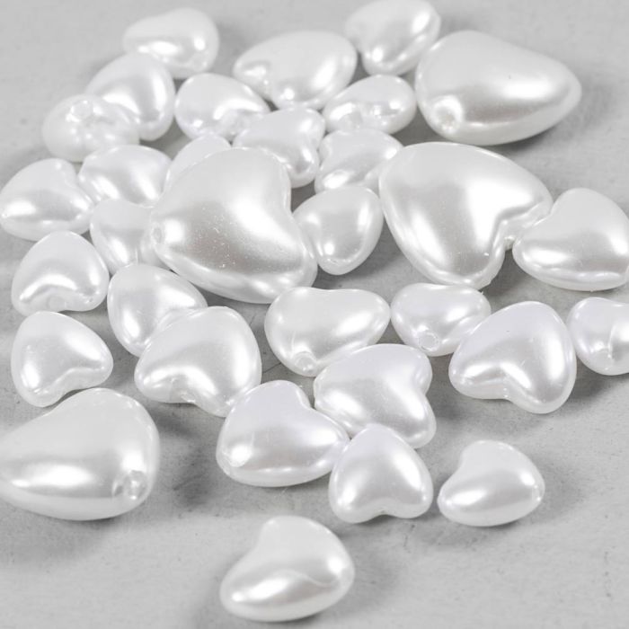 Perles de Cire, Cœurs, d 7-13 mm, diamètre intérieur 1,3-1,5 mm, nacré, 32 pièces/ 1 Pq.