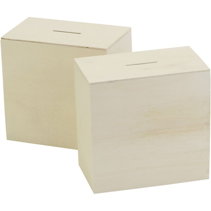 Tirelire en bois, dim. 10x10x6 cm, 10 pièces/ 1 Pq.
