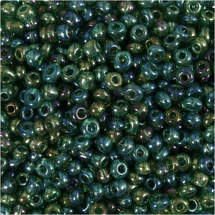Perles de Rocaille, d 3 mm, dim. 8/0, diamètre intérieur 0,6-1,0 mm, vert brillant, 25 gr/ 1 Pq.