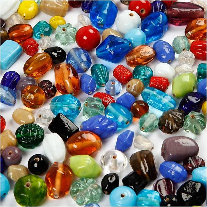 Mélange de perles de verre, dim. 7-18 mm, diamètre intérieur 1 mm, ass. de couleurs, 1000 gr/ 1 Pq.