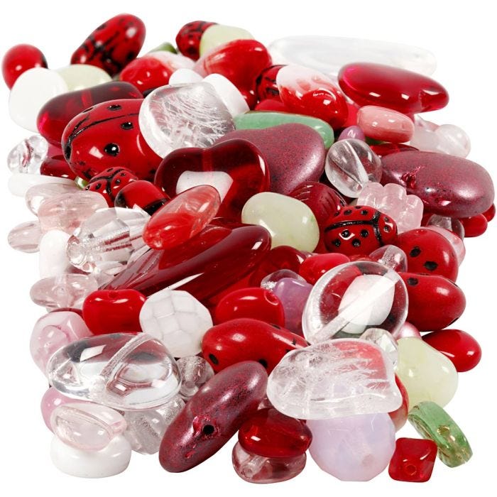 Perles de verre, coccinelles, feuilles, coeurs, d 5-22 mm, diamètre intérieur 0,5-1,5 mm, ass. de couleurs, 350 gr/ 1 Pq.
