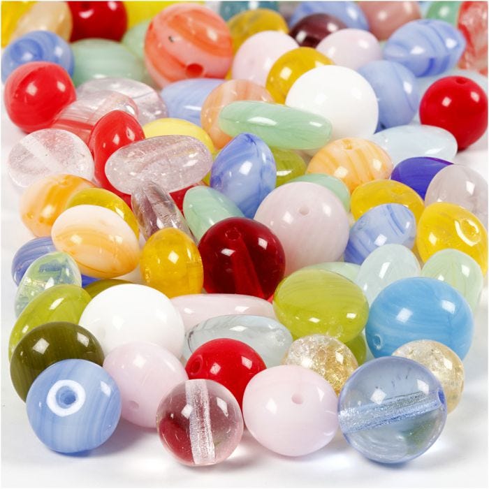 Perles de verre, rond, ovale, circulaire, d 6-13 mm, diamètre intérieur 0,5-1,5 mm, ass. de couleurs, 60 gr/ 1 Pq.