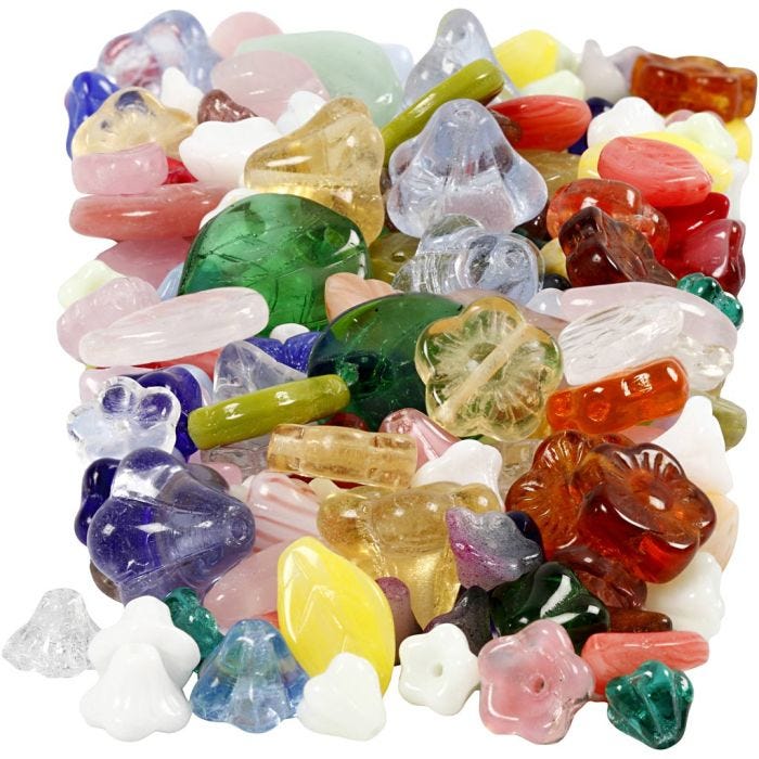 Perles de verre, feuilles, fleurs, d 6-17 mm, diamètre intérieur 0,5-1,5 mm, ass. de couleurs, 350 gr/ 1 Pq.