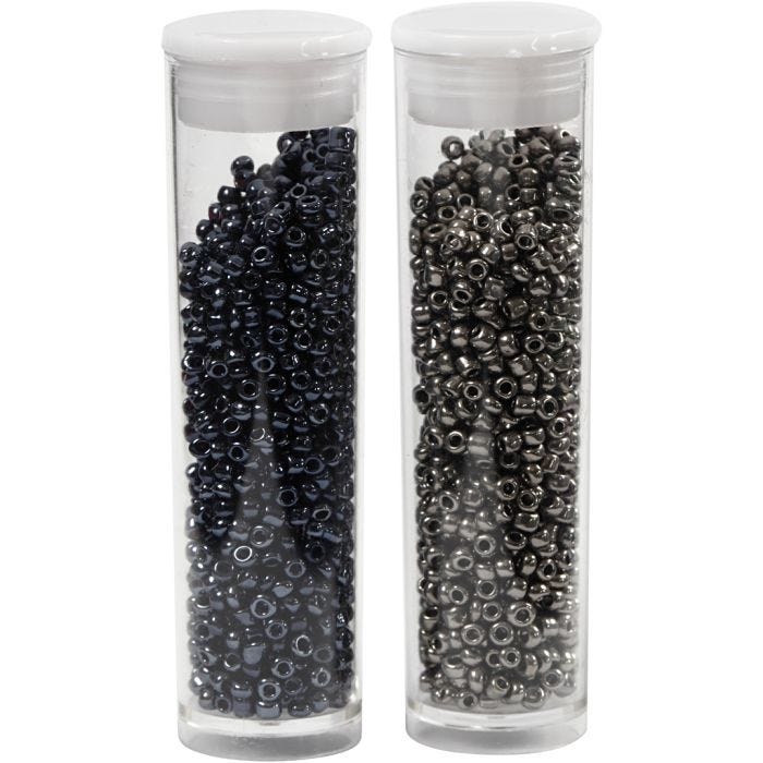 Perles de Rocaille, d 1,7 mm, dim. 15/0, diamètre intérieur 0,5-0,8 mm, noir, gris foncé métallique, 2x7 gr/ 1 Pq.