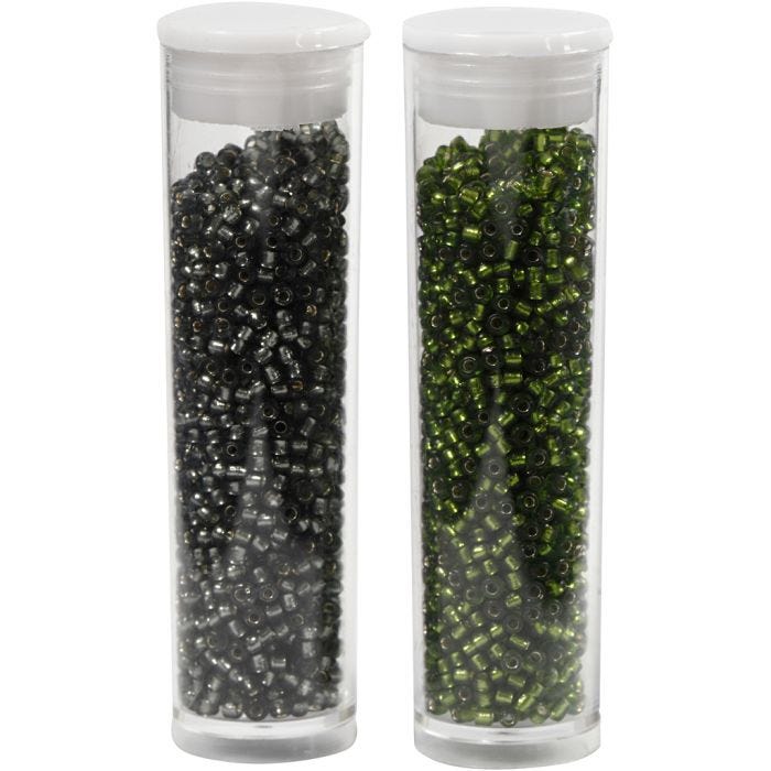 Perles de Rocaille, d 1,7 mm, dim. 15/0, diamètre intérieur 0,5-0,8 mm, vert pré, Gris vert, 2x7 gr/ 1 Pq.