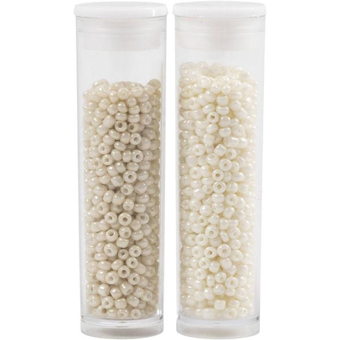 Perles de Rocaille, d 1,7 mm, dim. 15/0, diamètre intérieur 0,5-0,8 mm, beige, nacré, 2x7 gr/ 1 Pq.
