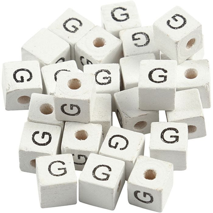 Perles lettres, G, dim. 8x8 mm, diamètre intérieur 3 mm, blanc, 25 pièces/ 1 Pq.