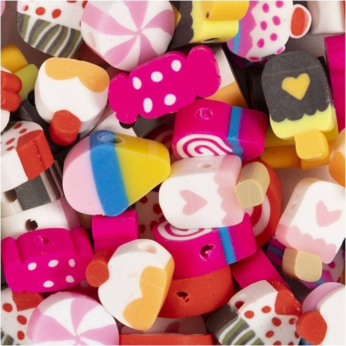 Perles Figurines, Bonbons, gâteaux et glaces, d 10 mm, diamètre intérieur 1,5 mm, 200 pièces/ 1 Pq.