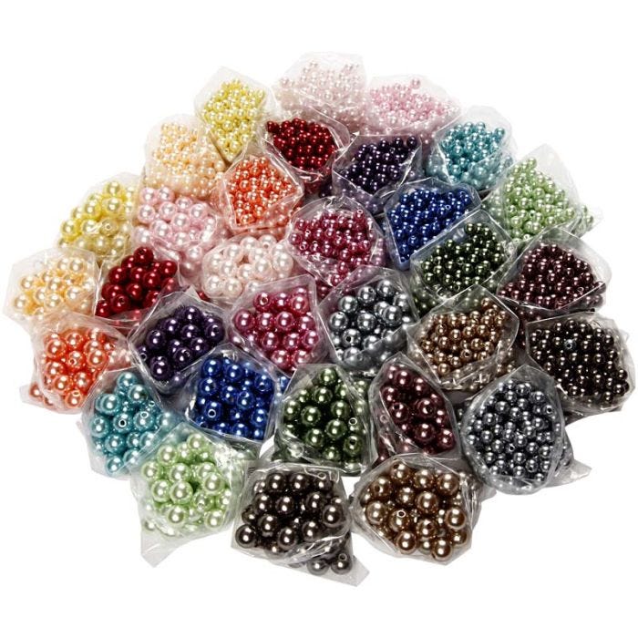 Perles de cire, d 6+10 mm, diamètre intérieur 1,5+2 mm, ass. de couleurs, 32x20 gr/ 1 Pq.