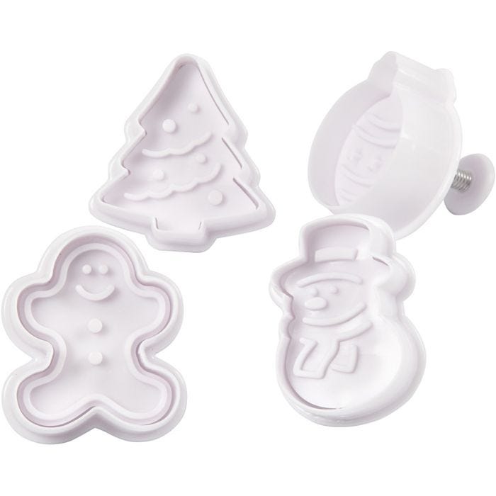 Emporte-Pièces avec Tampon, Sapin de Noël, bonhomme de neige, bonhomme en pain d'épice, boule de Noël, H : 5 cm, blanc, 4 pièces/ 1 Pq.
