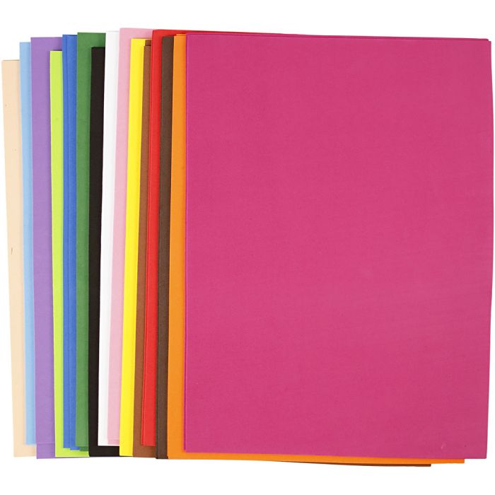 Feuille De Mousse EVA, A3, feuille 297x420 mm, ép. 2 mm, ass. de couleurs, 30 flles ass./ 1 Pq.