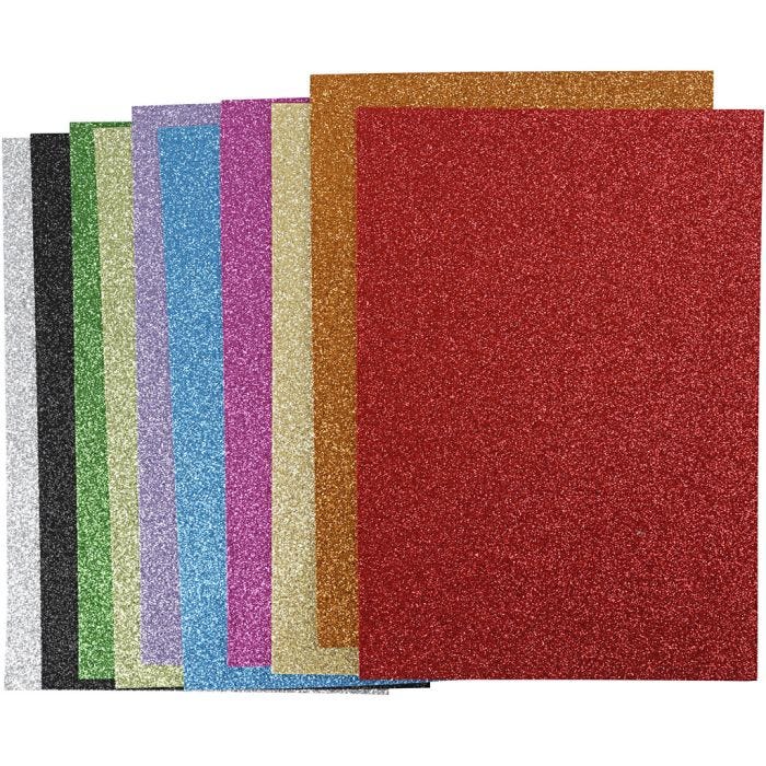 Feuilles de mousse EVA, A4, feuille 210x297 mm, ép. 2 mm, paillettes, ass. de couleurs, 10flles ass./ 1 Pq.