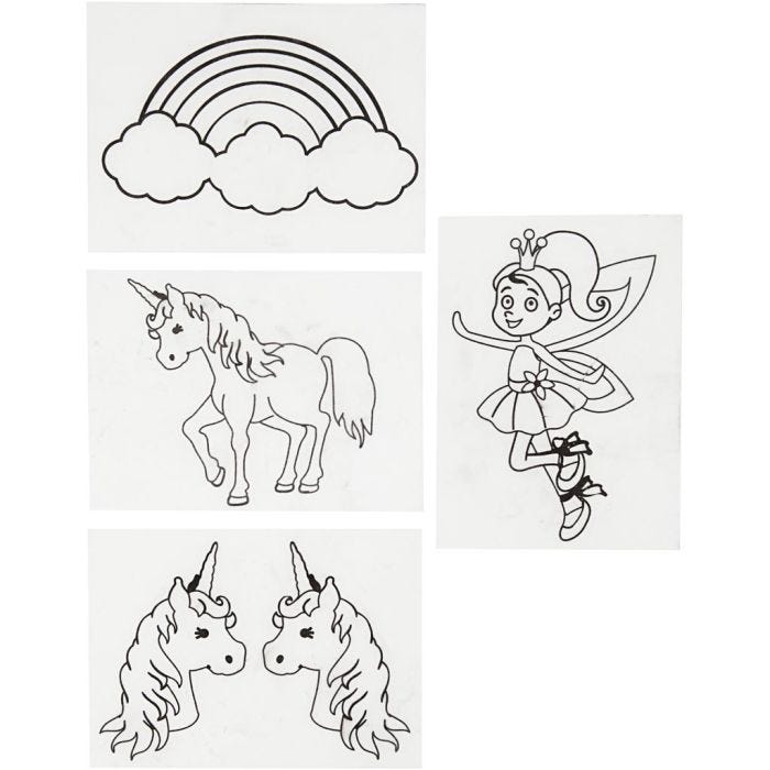 Feuilles de plastique thermorétractable avec motifs, licorne, feuille 10,5x14,5 cm, ép. 0,3 mm, transparent mat, 4 flles/ 1 Pq.