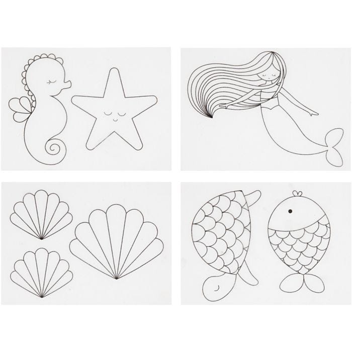 Feuilles de plastique thermorétractable avec motifs, sirène, feuille 10,5x14,5 cm, ép. 0,3 mm, transparent mat, 4 flles/ 1 Pq.