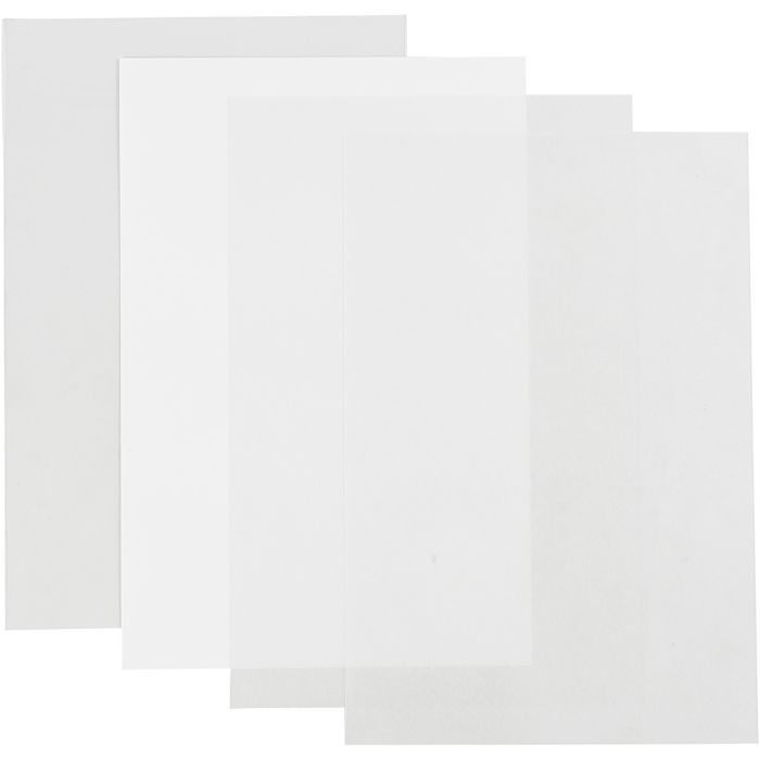 Feuilles de plastique thermorétractable, feuille 20x30 cm, ép. 0,3 mm, brillant transparent, transparent mat, blanc mat, 4 flles/ 1 Pq.