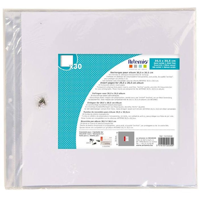 Pochettes transparentes album photo, dim. 30,5x30,5 cm, 30 flles/ 1 pièce