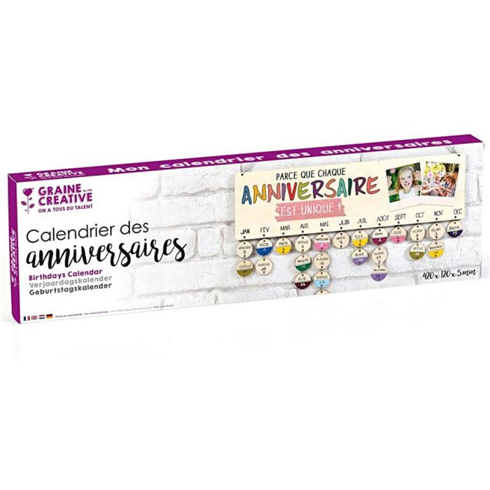 Calendrier perpétuel anniversaire en bois à décorer, dim. 42x12 cm, 1 pièce