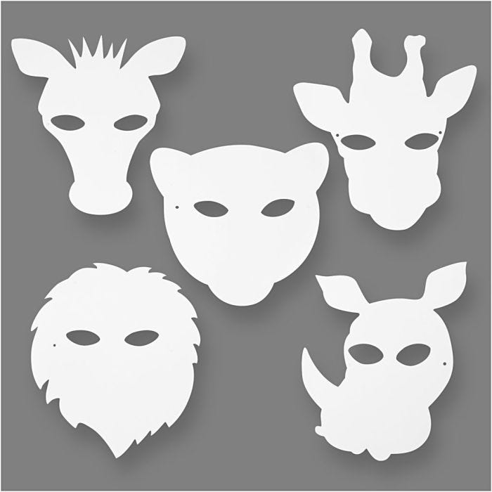 Masques d'animaux de la jungle, H : 22,5-25 cm, L : 20,5-22,5 cm, 230 gr, blanc, 16 pièces/ 1 Pq.