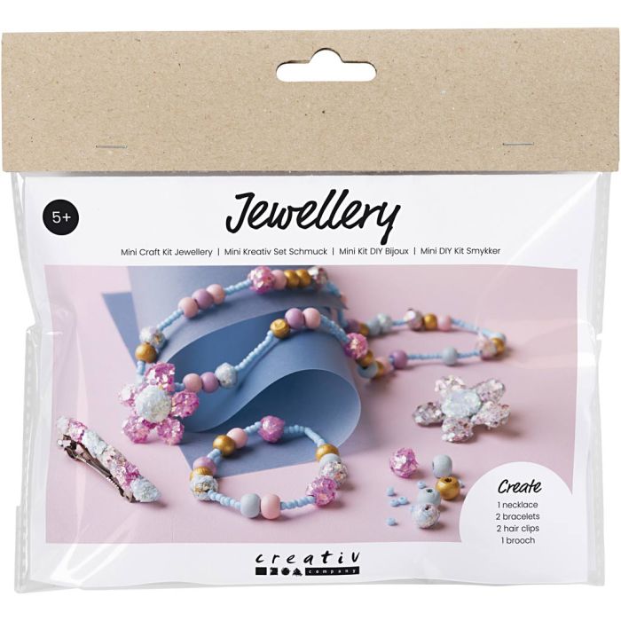 Mini Kit DIY Bijoux, Collier, bracelet, clips, broche, bleu, bleu clair, rose pastel, 1 Pq.