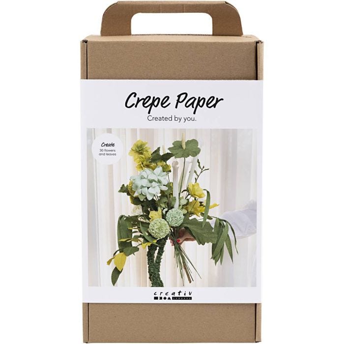 Maxi Kit DIY Papier Crépon, Bouquet de fleurs, vert clair, vert foncé, vert pastel, blanc, 1 Pq.