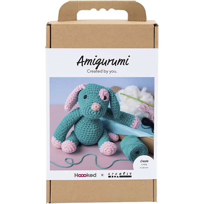 Kit DIY Amigurumi, Petit chien, rose pastel, dark turquoise, 1 Pq.