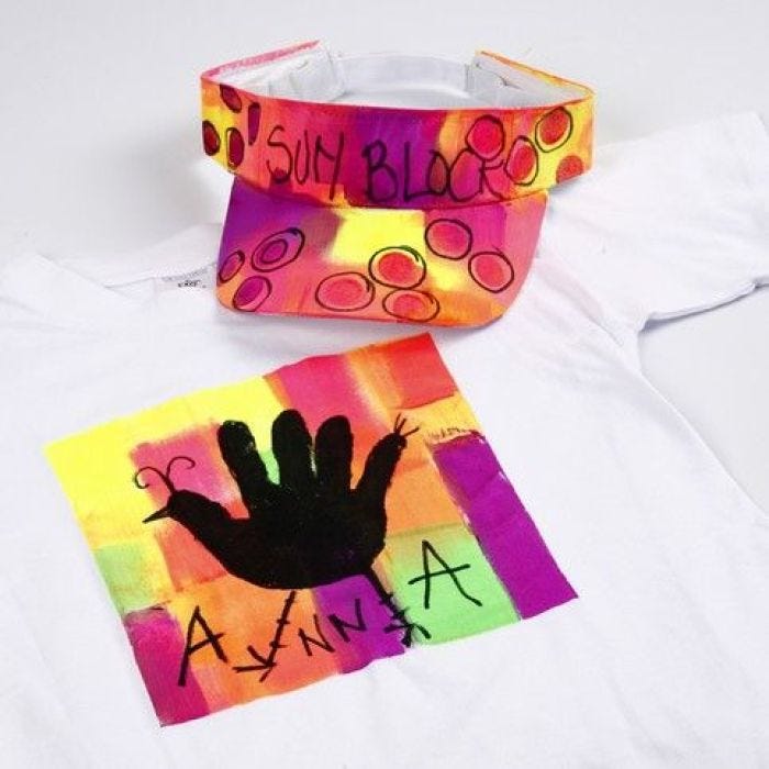 Neon Textil Color Fabric Paint on a T-Shirt and a Sun Visor