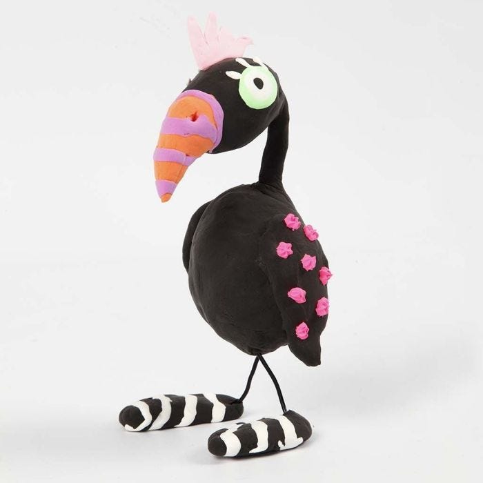 Un oiseau exotique fait avec du polystyrène, du fil bonsaï et de la pâte Silk Clay