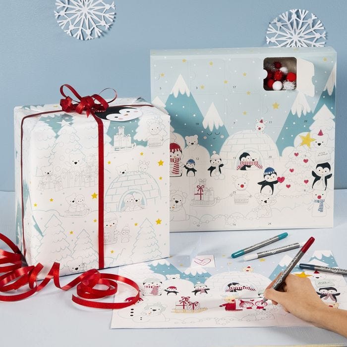 Coloriez un calendrier de l'Avent, une boîte de calendrier de l'Avent et du papier d'emballage avec des dessins du pays des merveilles d'hiver