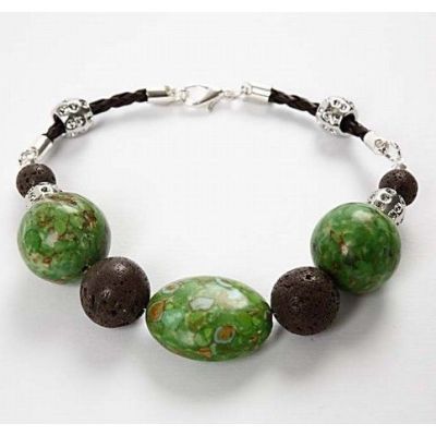 A bracelet with stone beads and lava beads.