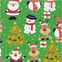 Papier cadeau, Père Noël, sapin de Noël, cadeau de Noël, renne, bonhomme de neige et pingouin, L: 50 cm, 80 gr, vert, 5 m/ 1 rouleau