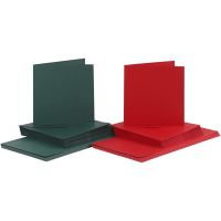 Cartes et enveloppes, dimension carte 15x15 cm, dimension enveloppes 16x16 cm, 110+230 gr, vert, rouge, 50 set/ 1 Pq.