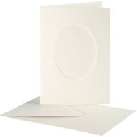 Cartes cadres et enveloppes, ovale, dimension carte 10,5x15 cm, dimension enveloppes 11,5x16,5 cm, blanc cassé, 10 set/ 1 Pq.