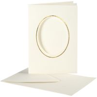 Cartes cadres et enveloppes, ovale avec bord doré, dimension carte 10,5x15 cm, dimension enveloppes 11,5x16,5 cm, blanc cassé, 10 set/ 1 Pq.