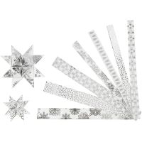 Bandes de papier étoiles, L: 44+78 cm, d 6,5+11,5 cm, L: 15+25 mm, argent, blanc, 48 bandes/ 1 Pq.