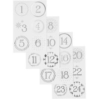 Chiffres autocollant de calendrier de l'Avent, d 40 mm, 9x14 cm, argent, blanc, 4 flles/ 1 Pq.