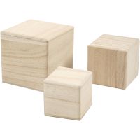 Cubes en bois, dim. 5+6+8 cm, 3 pièce/ 1 Pq.