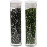 Perles de rocaille, d 1,7 mm, dim. 15/0 , diamètre intérieur 0,5-0,8 mm, vert pré, Gris vert, 2x7 gr/ 1 Pq.