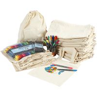 Des sacs à provisions et à cordons, à décorer aux feutres, dim. 27,5x30 cm, ass. de couleurs, 1 set