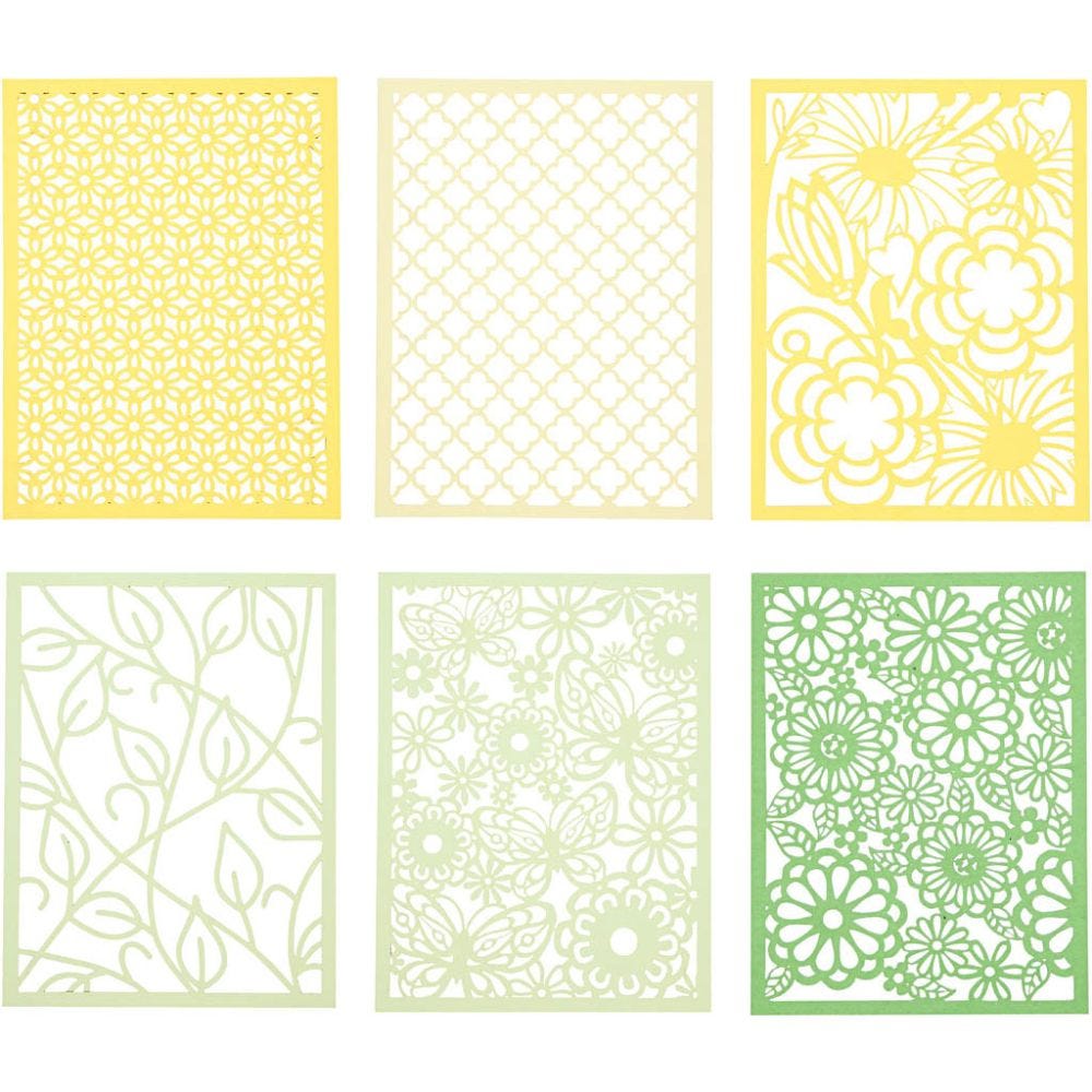 Bloc de papier cartonné avec des motifs façon dentelle, A6, 104x146 mm, 200 gr, vert, vert clair, jaune, jaune clair, 24 pièce/ 1 Pq.