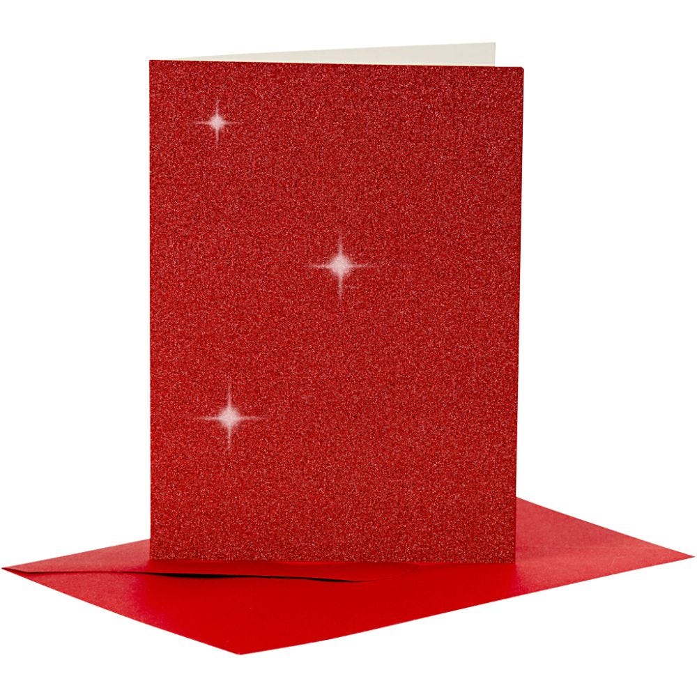 Cartes et enveloppes, dimension carte 10,5x15 cm, dimension enveloppes 11,5x16,5 cm, paillettes, 110+250 gr, rouge, 4 set/ 1 Pq.