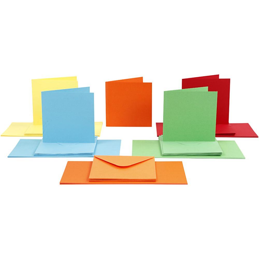 Cartes et enveloppes, dimension carte 15x15 cm, dimension enveloppes 16x16 cm, 110+220 gr, ass. de couleurs, 50 set/ 1 Pq.