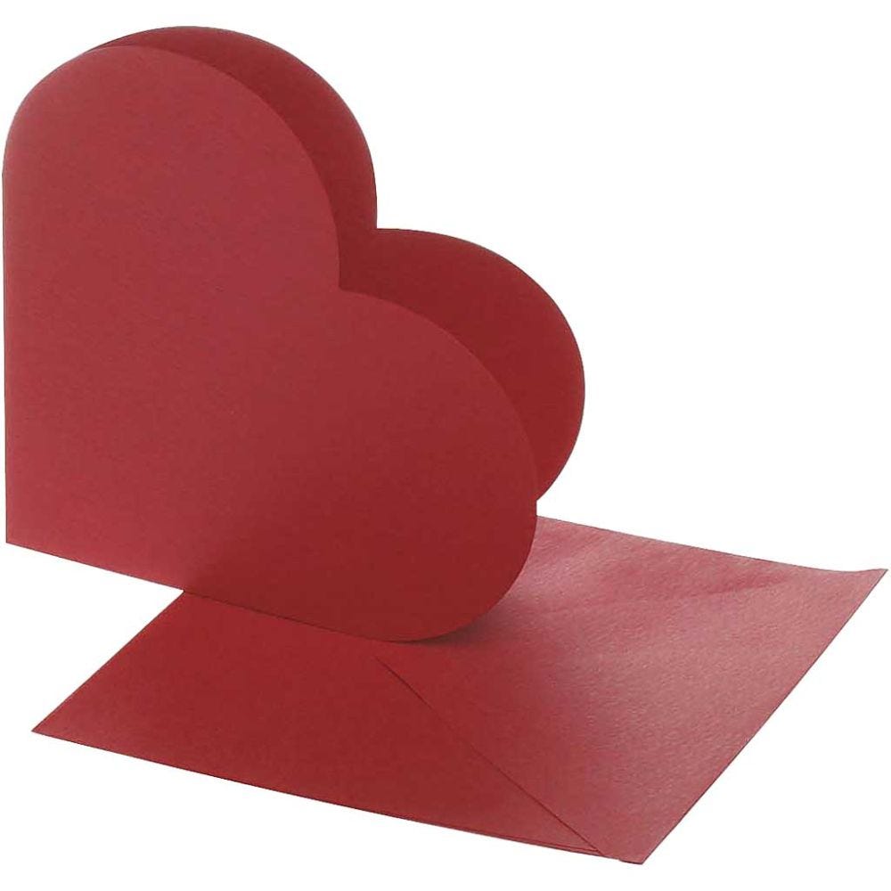 Cartes en forme de coeur, dimension carte 12,5x12,5 cm, dimension enveloppes 13,5x13,5 cm, rouge, 10 set/ 1 Pq.