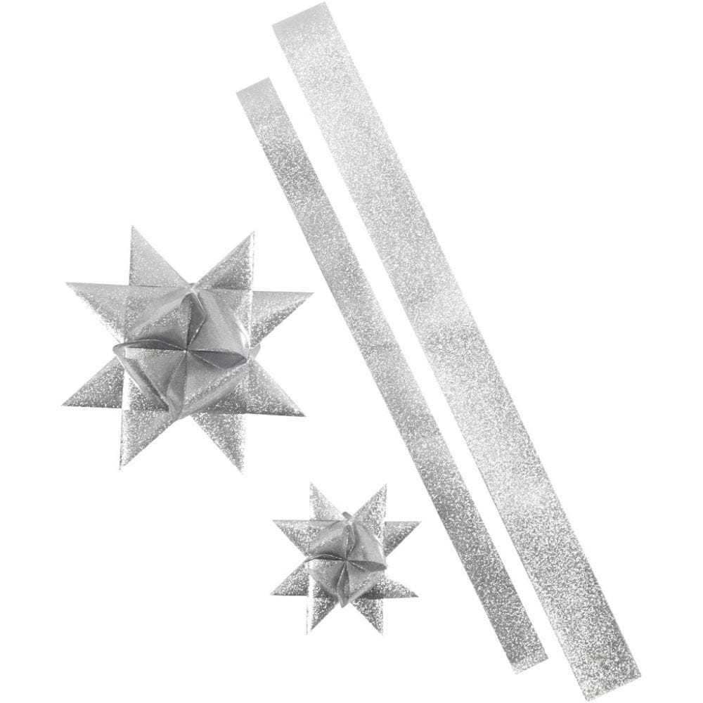 Bandes de papier étoiles, L: 86+100 cm, d 11,5+18,5 cm, L: 25+40 mm, argent scintillant, 96 bandes/ 1 Pq.