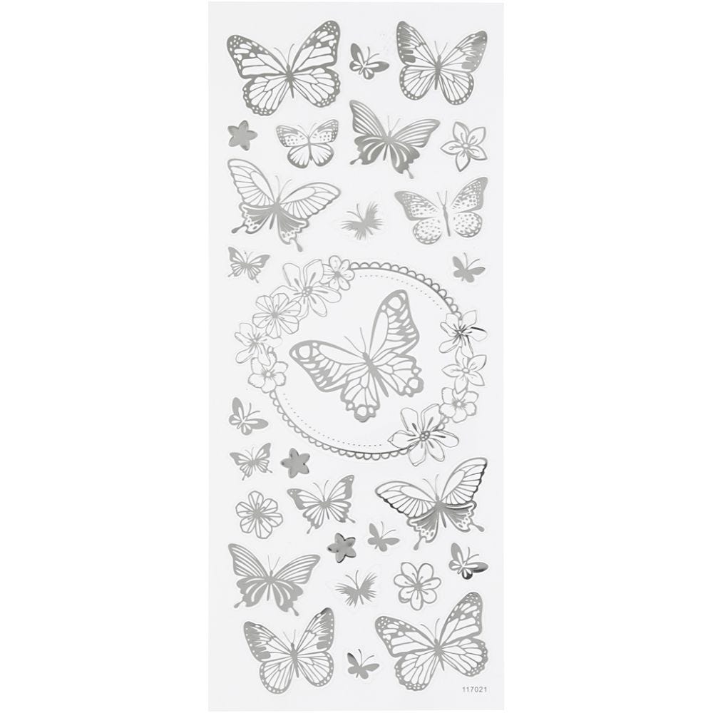Autocollants étoiles, papillons, 10x24 cm, argent, 1 flles
